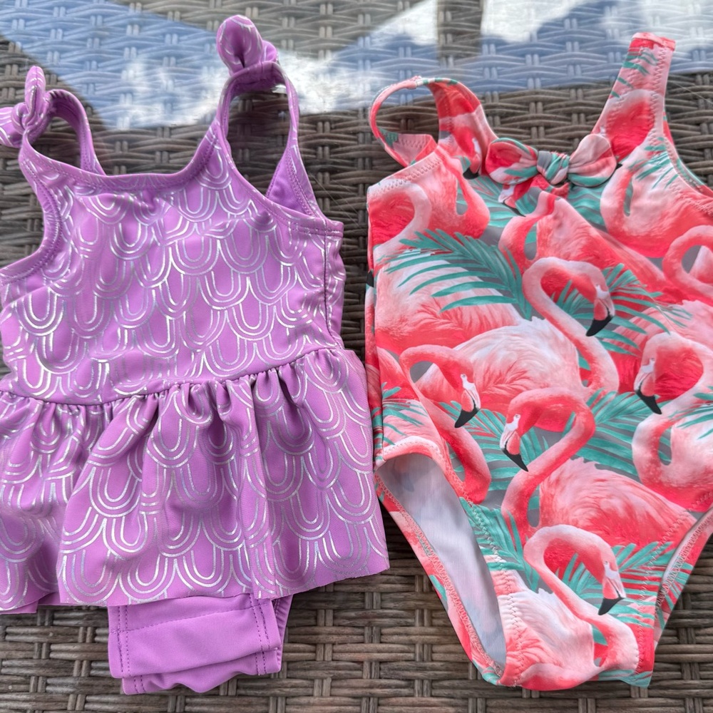 Kids Flamingo and Purple Scallop One Piece Swimsuit Set